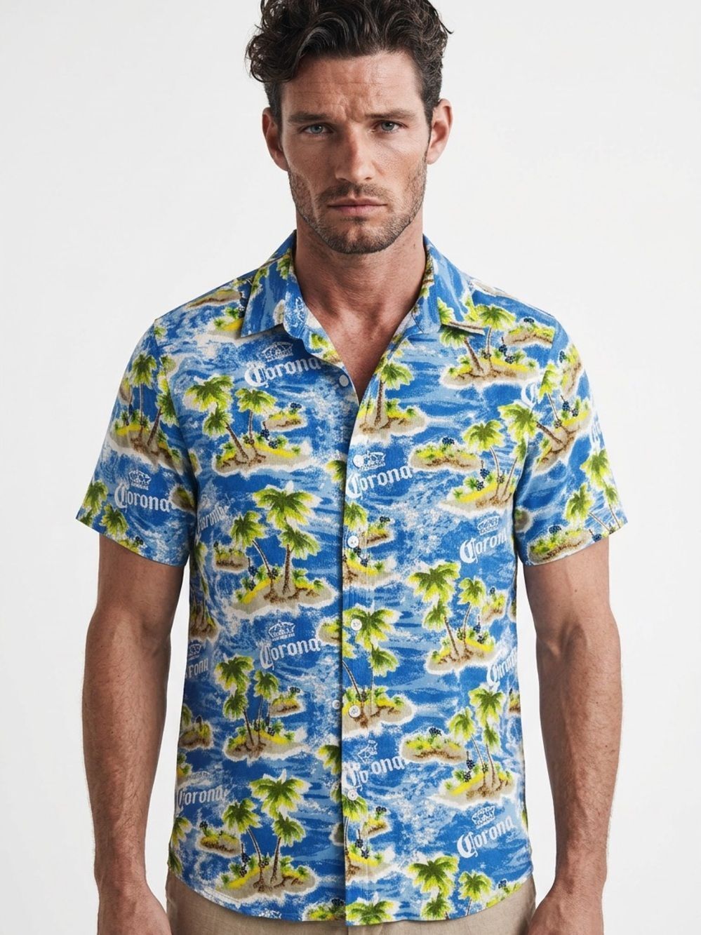 CORONA | Blue Tropical Print Short-Sleeve Button Down Shirt Men’s Size Small